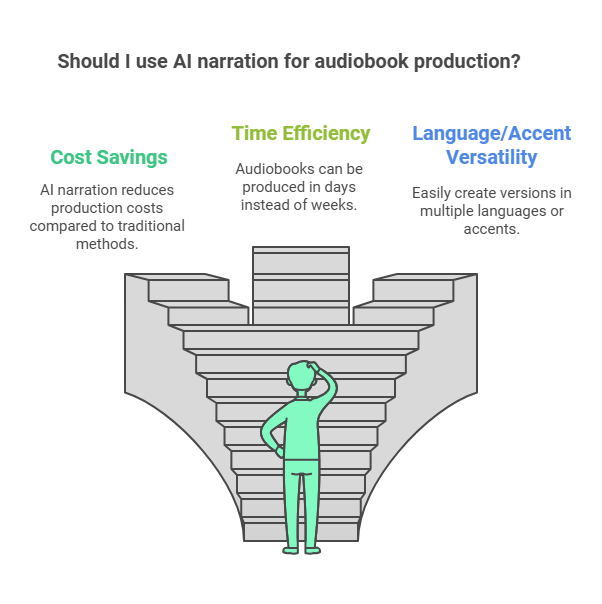 AI narration provides cost-effective, fast, and flexible audiobook production options.