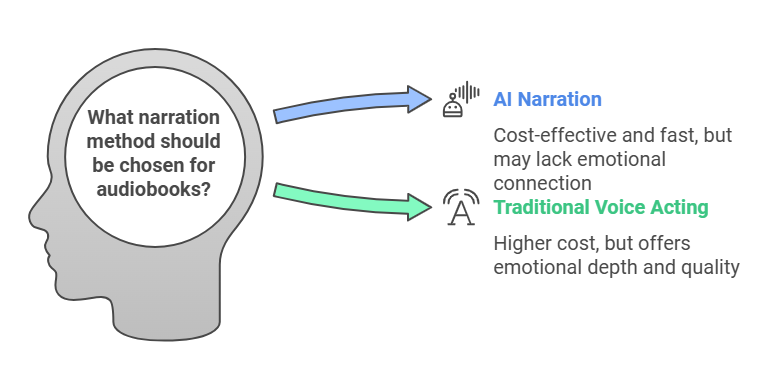 Comparing the costs of AI narration and traditional voice acting for audiobooks.