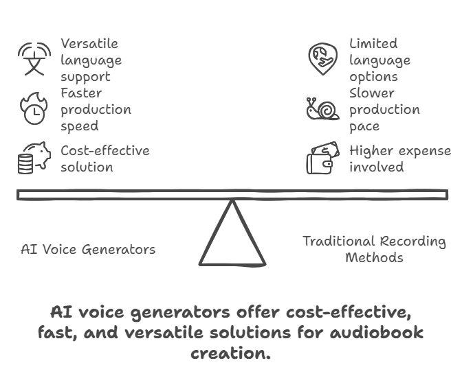 AI voice generators offer affordable and fast audiobook production.