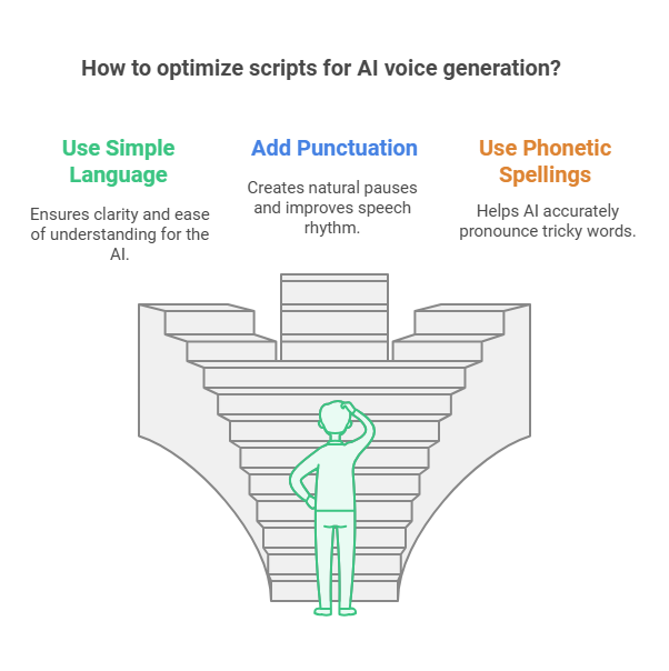 Learn how to optimize scripts for AI voiceovers with simple language, clear sentences, and proper punctuation for natural delivery.